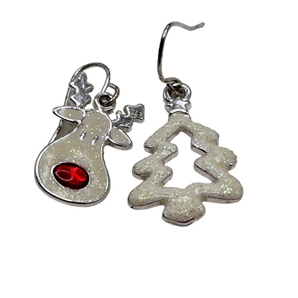 Earrings Women Christmas Holiday Reindeer & Tree Earrings Dangle Silver Tone - Picture 7 of 8